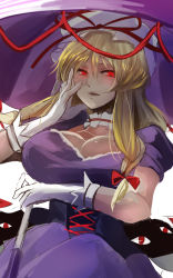 Rule 34 | 1girl, blonde hair, blush, breasts, cleavage, commentary request, cowboy shot, dress, gap (touhou), gloves, hair between eyes, hat, hat ribbon, highres, jonasan (bad-t), large breasts, long hair, mob cap, one-hour drawing challenge, open mouth, parasol, puffy short sleeves, puffy sleeves, purple dress, purple umbrella, red ribbon, ribbon, short sleeves, sidelocks, simple background, smile, solo, touhou, umbrella, white background, white gloves, white hat, yakumo yukari