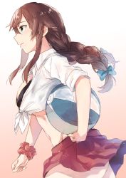 Rule 34 | 1girl, alternate costume, ball, beachball, bikini, bikini under clothes, blue eyes, blue ribbon, breasts, brown hair, cowboy shot, from side, gluteal fold, groin tendon, kantai collection, large breasts, long braid, navel, noshiro (kancolle), red scrunchie, red skirt, ribbon, satsumi, scrunchie, shirt, skirt, smile, solo, swimsuit, swimsuit under clothes, thighs, tied shirt, underboob, white shirt, wrist scrunchie