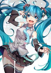 Rule 34 | 1girl, ahoge, anniversary, aqua hair, blue eyes, character name, cowboy shot, detached sleeves, hatsune miku, highres, long hair, looking at viewer, necktie, number tattoo, open mouth, samei ikusa, skirt, solo, tattoo, thighhighs, twintails, very long hair, vocaloid, white background