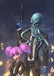 Rule 34 | 1boy, 1girl, arms around waist, blue eyes, blush, business suit, cthulhu, drawfag, fang, fire, fire, formal, gloves, gradient hair, gun, handgun, kawaii mask (payday), money, multicolored hair, necktie, open mouth, payday (series), payday 2, personification, pistol, purple hair, sigishi, size difference, suit, suppressor, twintails, vest, weapon