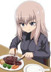 Rule 34 | 10s, 1girl, :t, blue eyes, broccoli, carrot, chair, closed mouth, commentary, dress shirt, eating, food, fork, girls und panzer, grey shirt, hamburger steak, holding, itsumi erika, knife, kuromorimine school uniform, long hair, long sleeves, one-hour drawing challenge, plate, potato, rice, school uniform, shibagami, shirt, silver hair, simple background, sitting, solo, steak, table, twitter username, white background