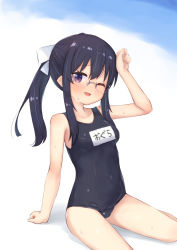 Rule 34 | 1girl, black hair, blue eyes, blue one-piece swimsuit, blush, breasts, collarbone, covered navel, glasses, hair ribbon, highres, kuramoto takato, long hair, looking at viewer, machikado mazoku, ogura shion, one-piece swimsuit, one eye closed, open mouth, ponytail, ribbon, school swimsuit, simple background, small breasts, smile, solo, swimsuit