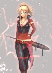 Rule 34 | 1girl, alternate costume, arm at side, armpit peek, armpits, belt, belt buckle, black pants, black vest, blonde hair, boots, breasts, brown footwear, buckle, chain, clarent (fate), closed mouth, collarbone, commentary request, cropped vest, detached sleeves, electricity, fate/grand order, fate (series), green eyes, grey background, groin, hair ornament, hair scrunchie, hand on own hip, high collar, high ponytail, highres, jewelry, knee boots, looking at viewer, medium hair, midriff, mordred (fate), mordred (fate/apocrypha), necklace, ohako (ohako1818), pants, parted bangs, ponytail, red belt, red scrunchie, red shirt, scrunchie, sheath, sheathed, shirt, sidelocks, simple background, small breasts, smile, solo, standing, striped clothes, striped pants, sword, thigh gap, tsurime, v-shaped eyebrows, v-shaped eyes, vest, weapon, zipper, zipper pull tab