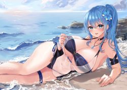 Rule 34 | :d, arm strap, bare legs, beach, bikini, bikini under clothes, black bikini, black choker, blue eyes, blue hair, blue sky, blush, breasts, choker, cleavage, cloud, covered navel, day, feet out of frame, flower, fujiko (fujik0), hair flower, hair ornament, halterneck, highres, jewelry, large breasts, long hair, lying, necklace, o-ring, o-ring choker, ocean, on side, open mouth, original, ortina lillibel (yashiro sousaku), outdoors, pendant, ponytail, rock, see-through, sidelocks, sky, smile, swimsuit, swimsuit cover-up, thigh strap, thighs, water, wet