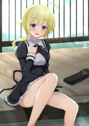 Rule 34 | ahoge, amano soraha, arm at side, assault lily, black ribbon, black skirt, blonde hair, blue eyes, blush, breasts, buttons, commentary request, day, feet out of frame, frilled skirt, frills, gungun (hakutou7887), hand on own chest, hand up, high-waist skirt, indoors, juliet sleeves, long hair, long sleeves, looking at viewer, low ponytail, medium breasts, miniskirt, neck ribbon, parted lips, ponytail, poolside, puffy sleeves, railing, ribbon, school uniform, shirt, sitting, skirt, smile, soaking feet, teeth, upper teeth only, water, white shirt, wooden floor, yurigaoka girls academy school uniform
