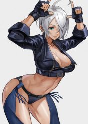 Rule 34 | 1girl, absurdres, ahoge, angel (kof), arched back, black gloves, black jacket, blue eyes, boots, breasts, chaps, cleavage, cropped jacket, fingerless gloves, gloves, gradient background, hair over one eye, hands up, highres, jacket, large breasts, looking at viewer, midriff, short hair, silver hair, smile, snk, solo, the king of fighters, thighs, yoshio (55level)