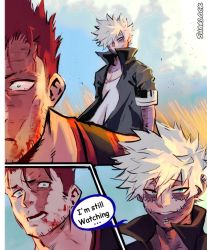 Rule 34 | 2boys, black jacket, blood, blood on face, blue eyes, boku no hero academia, burn scar, cheek piercing, comic sans, commentary, dabi (boku no hero academia), endeavor (boku no hero academia), english commentary, english text, father and son, fire, highres, jacket, male focus, mature male, messy hair, multiple boys, multiple scars, open mouth, piercing, scar, scar on neck, sharl0ck, speech bubble, spoilers, staple, stapled, stitches, white hair