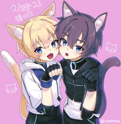 Rule 34 | 1boy, 1girl, animal ear fluff, animal ears, black gloves, black jacket, blonde hair, blue eyes, bodysuit, bodysuit under clothes, cat boy, cat day, cat ears, cat girl, cat tail, cheek-to-cheek, cropped jacket, dated, fangs, fingerless gloves, gloves, heads together, highres, hood, hood down, iris (ryou@ryou), jacket, kemonomimi mode, kern (ryou@ryou), looking at viewer, open mouth, original, paw pose, phantasy star, phantasy star online 2, purple background, purple hair, ryou@ryou, short hair, simple background, tail, white jacket