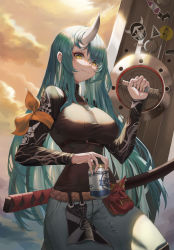 Rule 34 | 1girl, absurdres, aqua hair, arknights, arm ribbon, bbungbbang (koen46), beer can, belt, black shirt, breasts, can, closed mouth, cloud, cloudy sky, cowboy shot, day, drink can, highres, holding, holding can, holding shield, horns, hoshiguma (arknights), hoshiguma (ronin huntress) (arknights), jewelry, large breasts, long hair, long sleeves, looking at viewer, mask, necklace, official alternate costume, orange ribbon, outdoors, pants, ribbon, shield, shirt, skin-covered horns, sky, smile, solo, sunlight, underbust, very long hair, white pants, yellow eyes
