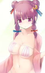 Rule 34 | 1girl, amekosame, bad id, bad twitter id, bikini, blunt bangs, breasts, cleavage, cleavage cutout, clothing cutout, collarbone, crescent, crescent hair ornament, double bun, eyebrows, groin, hair bun, hair ornament, highres, navel, patchouli knowledge, purple eyes, purple hair, simple background, solo, striped bikini, striped clothes, swimsuit, touhou, wide sleeves