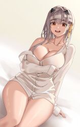 Rule 34 | 1girl, arm support, arm under breasts, blush, breasts, cleavage, collarbone, collared shirt, dorp, goddess of victory: nikke, grey hair, hair between eyes, hairband, highres, large breasts, long hair, long sleeves, looking at viewer, modernia (first affection) (nikke), modernia (nikke), off shoulder, official alternate costume, open mouth, oversized clothes, red eyes, shirt, single bare shoulder, smile, solo, teeth, upper teeth only, white shirt