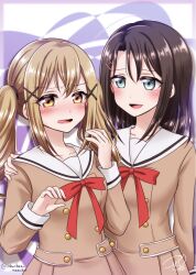 Rule 34 | 2girls, bang dream!, black hair, blonde hair, blue eyes, blush, brown dress, buttons, commentary request, double-breasted, dress, hair ornament, hairclip, hanasakigawa school uniform, hand on another&#039;s shoulder, highres, ichigaya arisa, long hair, long sleeves, looking at another, medium hair, multiple girls, neck ribbon, okusawa misaki, open mouth, partial commentary, red ribbon, ribbon, ric. (marchen mozuku), sailor collar, sailor dress, school uniform, sidelocks, signature, smile, twintails, white sailor collar, x hair ornament, yellow eyes, yuri
