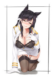 Rule 34 | 1girl, :q, absurdres, all fours, atago (azur lane), azur lane, black bra, black hair, blush, bra, breasts, brown eyes, cleavage, closed mouth, collarbone, foreshortening, frilled bra, frills, garter straps, gloves, greyscale, head tilt, heart, heart-shaped pupils, highres, kong lang (skywave), large breasts, long sleeves, looking at viewer, military, military uniform, miniskirt, monochrome, nose blush, pencil skirt, skirt, solo, symbol-shaped pupils, thigh gap, thighhighs, tongue, tongue out, underwear, uniform, white gloves, white skirt, zettai ryouiki