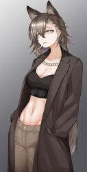 Rule 34 | 1girl, absurdres, alternate costume, animal ears, arknights, black coat, black shirt, breasts, cigarette, cleavage, coat, cowboy shot, crop top, gradient background, grey background, grey eyes, grey hair, grey pants, groin, hair between eyes, hands in pockets, highres, medium breasts, medium hair, midriff, mouth hold, navel, open clothes, open coat, pants, parted lips, penance (arknights), shirt, solo, st (vyzs4725), standing, stomach, wolf ears