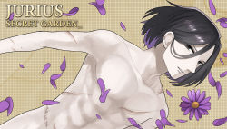 Rule 34 | 10s, 1boy, bad id, bad pixiv id, black eyes, black hair, fate/extra, fate (series), flower, highres, julius belkisk harway, male focus, official style, petals, routo, scar, topless male, solo