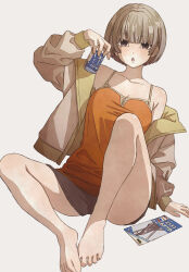 Rule 34 | 1girl, absurdres, alcohol, barefoot, breasts, brown eyes, brown hair, brown jacket, brown shorts, can, cleavage, collarbone, highres, holding, holding can, jacket, looking at viewer, magazine (object), meihachiya, off shoulder, open clothes, open jacket, open mouth, orange shirt, original, sake, shirt, short hair, shorts, simple background, sitting, solo
