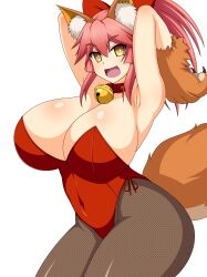 Rule 34 | 1girl, @ @, animal ear fluff, animal ears, animal hands, arm up, armpits, arms behind head, bell, breasts, cat paws, collar, covered navel, curvy, fangs, fate/grand order, fate (series), fishnet pantyhose, fishnets, fox ears, fox girl, fox tail, gloves, highres, huge breasts, jingle bell, large breasts, leotard, looking at viewer, neck bell, no bra, open mouth, pantyhose, paw gloves, pink hair, playboy bunny, ponytail, presenting armpit, red leotard, red ribbon, ribbon, simple background, solo, space gorilla, strapless, tail, tamamo (fate), tamamo cat (fate), thick thighs, thighs, white background, wide hips