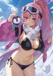 Rule 34 | 1girl, absurdres, animal, bikini, bird, black bikini, blue archive, blush, breasts, cowboy shot, eimi (blue archive), eimi (swimsuit) (blue archive), goggles, goggles on head, groin, halo, highres, jacket, kan&#039;yu (citron 82), large breasts, long hair, long sleeves, looking at viewer, navel, official alternate costume, open clothes, open jacket, open mouth, penguin, pink eyes, pink hair, pink halo, pink jacket, ponytail, scarf, solo, swimsuit, very long hair, white scarf