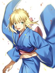 Rule 34 | 1girl, :d, ahoge, alternate costume, artoria pendragon (all), artoria pendragon (fate), blonde hair, blue kimono, bow, braid, braided bun, chietori, fate/stay night, fate (series), green eyes, hair bun, highres, japanese clothes, kimono, long sleeves, looking at viewer, obi, open mouth, pink bow, saber (fate), sash, short hair, smile, solo, standing, wide sleeves