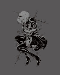 Rule 34 | 1girl, 2b (nier:automata), boots, closed eyes, commentary request, dress, fetal position, full body, gloves, greyscale, hairband, high heel boots, high heels, highres, monochrome, nakai jun, nier:automata, nier (series), official art, profile, short hair, simple background, solo, thigh boots