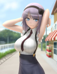 Rule 34 | 10s, 1girl, arms behind head, arms up, bare arms, blue eyes, blue sky, blurry, breasts, building, cloud, cloudy sky, cowboy shot, dagashi kashi, day, depth of field, dress, female focus, fingernails, forest, grass, hair ribbon, hairband, high-waist skirt, highres, large breasts, light smile, looking at viewer, nail polish, nature, necktie, purple hair, ribbon, road, shidare hotaru, shirt, siraha, skirt, sky, sleeveless, sleeveless shirt, smile, solo, street, striped, striped necktie, suspender skirt, suspenders, white shirt