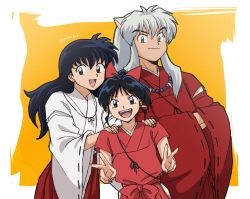 Rule 34 | 1boy, 2girls, animal ears, bead necklace, beads, black hair, blush, bow, dog ears, double v, family, father and daughter, hair bow, han&#039;you no yashahime, hands in opposite sleeves, hands on another&#039;s shoulders, highres, higurashi kagome, inuyasha, inuyasha (character), japanese clothes, jewelry, kimono, long hair, looking at viewer, miko, moroha (inuyasha), mother and daughter, multiple girls, necklace, pinoko (pnk623), ponytail, school uniform, smile, twitter username, v, white hair, yellow eyes