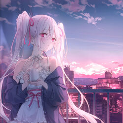 Rule 34 | 1girl, bare shoulders, building, cloud, cloudy sky, cup, dress, evening, floating hair, frilled dress, frills, hair between eyes, hair ribbon, highres, holding, holding cup, long hair, looking at viewer, mole, neck ribbon, off-shoulder jacket, off shoulder, original, parted lips, pink ribbon, rangu, ribbon, sidelocks, sky, sleeveless, sleeveless dress, solo, twintails, white dress, white hair, white ribbon