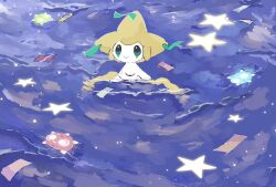 colored_skin creatures_(company) game_freak gen_3_pokemon gen_7_pokemon highres jirachi legendary_pokemon mark_under_both_eyes mark_under_eye minior minior_(blue_core) minior_(core) minior_(green_core) minior_(red_core) mythical_pokemon namyu_usa night nintendo no_humans pokemon pokemon_(creature) pokemon_focus reflection reflective_water sitting_on_water sky smile solid_oval_eyes star_(sky) star_(symbol) tanzaku water white_skin