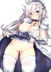 Rule 34 | 1girl, apron, azur lane, bar censor, belfast (azur lane), blush, bow, bow panties, braid, breast slip, breasts, censored, chain, cleavage, closed mouth, clothes lift, collar, collarbone, dress, dress lift, elbow gloves, french braid, frilled gloves, frills, garter straps, gloves, head tilt, highres, large breasts, lifted by self, long hair, looking at viewer, maid, maid headdress, mutou mame, nipples, no panties, panties, purple eyes, sidelocks, silver hair, simple background, skindentation, skirt, skirt lift, smile, solo, standing, thighhighs, thighs, underwear, white background, white gloves, white thighhighs