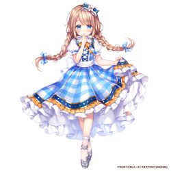 Rule 34 | 1girl, blue bow, blue dress, blue eyes, blush, bow, braid, brown hair, closed mouth, commentary request, copyright request, crossed ankles, dress, frilled dress, frills, full body, grey footwear, hair bow, hand to own mouth, hand up, highres, long hair, looking at viewer, low twintails, mitsuba choco, orange bow, plaid, plaid dress, pleated dress, puffy short sleeves, puffy sleeves, shirt, shoes, short sleeves, skirt hold, sleeveless, sleeveless dress, socks, solo, standing, transparent background, twin braids, twintails, very long hair, watermark, white shirt, white socks