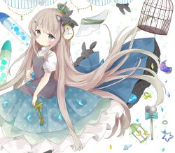 Rule 34 | 1girl, absurdres, animal, bad id, bad pixiv id, birdcage, black camisole, blue bow, blue skirt, blush, bow, brown hair, cage, camisole, closed mouth, commentary, crescent, crown, green eyes, hair ornament, heart, highres, key, long hair, looking at viewer, mini crown, original, pleated skirt, pocket watch, polka dot, polka dot skirt, puffy short sleeves, puffy sleeves, rabbit, shirt, short eyebrows, short sleeves, skirt, solo, sparkle, star (symbol), symbol-only commentary, thick eyebrows, tsukiyo (skymint), very long hair, watch, white background, white shirt, x hair ornament