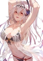 Rule 34 | 1girl, armpits, arms behind head, arms up, bare shoulders, bikini, black bikini, blush, breasts, cleavage, dark jeanne, diadem, feather hair ornament, feathers, flower, granblue fantasy, hair between eyes, hair flower, hair intakes, hair ornament, highres, hip focus, kakage, large breasts, long hair, looking at viewer, navel, open mouth, parted lips, red eyes, simple background, smile, solo, swimsuit, white background, white hair