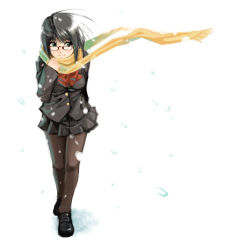 Rule 34 | 1girl, black hair, glasses, orange scarf, pantyhose, scarf, school uniform, serafuku, snow, solo