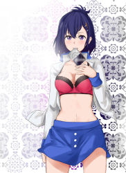 Rule 34 | 10s, 1girl, black hair, blush, bra, breasts, card, card in mouth, cleavage, gabriel dropout, large breasts, mouth hold, navel, open clothes, open shirt, purple eyes, red bra, saruno (eyesonly712), shirt, short hair, skirt, solo, vignette tsukinose april, underwear