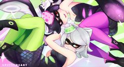 Rule 34 | + +, 2girls, amanda evelyn earl, bad id, bad pixiv id, bike shorts, black hair, blush, boots, brown eyes, callie (splatoon), detached collar, deviantart username, domino mask, dress, food, food on head, gloves, green legwear, grey hair, highres, inkling, inkling player character, long hair, looking at viewer, lying, marie (splatoon), mask, mole, mole under eye, multiple girls, nintendo, object on head, on side, open mouth, pantyhose, pantyhose under shorts, pointy ears, purple legwear, short dress, short hair, short jumpsuit, shorts, smile, sparkle, spitfire, splatoon (series), splatoon 1, strapless, strapless dress, tentacle hair, white gloves, white hair