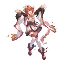 1girl armpits arms_up blush boots braid closed_eyes detached_sleeves dress fenie_(granblue_fantasy) flower flower_hairband full_body granblue_fantasy hair_flower hair_ornament jewelry long_braid long_hair low-braided_long_hair low-tied_long_hair minaba_hideo official_art open_mouth orange_hair red_footwear smile solo thighhighs transparent_background very_long_hair white_dress wide_sleeves zettai_ryouiki