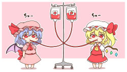 Rule 34 | 2girls, :t, ambiguous red liquid, ascot, bat wings, blonde hair, blood, blood bag, blue hair, blush stickers, border, bow, chibi, crystal, dress, drinking, flandre scarlet, full body, hair between eyes, hair bow, hat, highres, mob cap, multiple girls, one side up, outline, petticoat, pink background, pink dress, pink headwear, puffy short sleeves, puffy sleeves, red ascot, red bow, red dress, red eyes, red skirt, red vest, remilia scarlet, shitacemayo, short hair, short sleeves, siblings, sisters, skirt, standing, touhou, vest, white border, white headwear, white outline, wings, yellow ascot