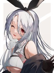 Rule 34 | 1girl, ;d, absurdres, armpit crease, azur lane, bare shoulders, black gloves, black necktie, black ribbon, black sleeves, blush, breasts, collared shirt, commentary, crop top, detached sleeves, gloves, hair ribbon, hand up, highres, huge filesize, kabi (zcwd8845), long hair, looking at viewer, medium breasts, necktie, one eye closed, open mouth, prinz heinrich (azur lane), red eyes, ribbed shirt, ribbon, shirt, sidelocks, sleeveless, sleeveless shirt, smile, solo, standing, teeth, underboob, upper body, upper teeth only, very long hair, white background, white hair