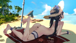Rule 34 | 1girl, anklet, ass, bar censor, barefoot, beach, black hair, breasts, censored, choker, feet, genshin impact, green eyes, hat, jewelry, legs, long hair, lying, medium breasts, mona (genshin impact), nude, ocean, on stomach, pussy, shade, soles, solo, sydus, thigh strap, thighs, tree, twintails