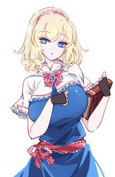 Rule 34 | 1girl, alice margatroid, black gloves, blonde hair, blue dress, blue eyes, book, breasts, brooch, capelet, dress, eyelashes, fingerless gloves, gloves, hairband, highres, holding, holding book, jewelry, large breasts, lolita hairband, parted lips, raptor7, red hairband, short hair, simple background, solo, touhou, upper body, white background, white capelet