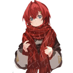 Rule 34 | 1girl, ange katrina, blue eyes, closed mouth, hair between eyes, hair ornament, hairclip, highres, kawaguchi (mojacome), nijisanji, patterned, patterned clothing, red hair, red scarf, scarf, short hair, simple background, sketch, solo, upper body, virtual youtuber, white background, wide sleeves, winter clothes