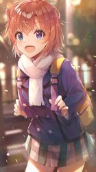 Rule 34 | 1girl, :d, backpack, bag, blue eyes, blurry, blurry background, blush, breasts, commentary request, cowboy shot, depth of field, hair bun, highres, jacket, kurokuro illust, lens flare, long sleeves, looking at viewer, miniskirt, open mouth, outdoors, pink hair, plaid, plaid skirt, pleated skirt, purple jacket, red hair, scarf, short hair, single hair bun, skirt, smile, solo, standing, uniform, white scarf, yahari ore no seishun lovecome wa machigatteiru., yellow bag, yuigahama yui