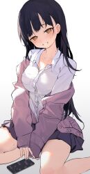 Rule 34 | 1girl, absurdres, black hair, black skirt, blush, boku no kokoro no yabai yatsu, breasts, brown eyes, cardigan, cellphone, collared shirt, commentary request, dress shirt, highres, long hair, long sleeves, looking at viewer, medium breasts, open clothes, phone, pink cardigan, pleated skirt, shenqi de (9), shirt, simple background, sitting, skirt, smile, solo, sweat, white shirt, yamada anna