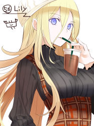 Rule 34 | 1girl, beanie, bendy straw, black sweater, blonde hair, blue eyes, breasts, brown skirt, character name, cup, disposable cup, drink, drinking straw, hair between eyes, hat, high-waist skirt, lily (vocaloid), long hair, long sleeves, looking at viewer, medium breasts, object on breast, parted lips, plaid, plaid skirt, ribbed sweater, simple background, skirt, solo, suspender skirt, suspenders, sweater, very long hair, vocaloid, white background, white hat, yuuki kira