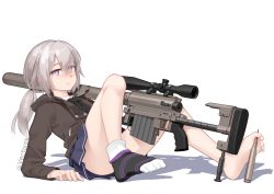 Rule 34 | 1girl, absurdres, barefoot, between toes, bolt action, cheytac m200, commentary, eyes visible through hair, feet, girls&#039; frontline, grey eyes, gun, highres, jacket, legs, looking at viewer, m200 (girls&#039; frontline), miniskirt, ponytail, rifle, silver hair, simple background, single sock, skirt, sniper rifle, socks, soles, solo, thighs, toes, twitter username, vectorek, weapon, white background