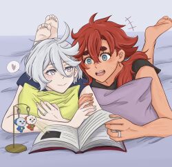 Rule 34 | 2girls, ahoge, barefoot, bed, blue eyes, book, cool (gundam suisei no majo), feet, grey eyes, gundam, gundam suisei no majo, heart, highres, hots (gundam suisei no majo), jewelry, charm (object), long hair, looking at another, miorine rembran, multiple girls, open mouth, otsunami, pillow, reading, red hair, ring, smile, soles, spoken heart, suletta mercury, teeth, thick eyebrows, toes, upper teeth only, wedding ring, white hair, wife and wife, yuri