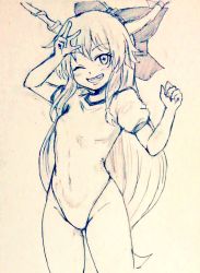 Rule 34 | 1girl, breasts, commentary request, covered navel, cowboy shot, d-m (dii emu), eyelashes, greyscale, horns, ibuki suika, leotard, long hair, looking at viewer, monochrome, oni horns, open mouth, small breasts, swimsuit, thighs, touhou, traditional media, v, very long hair