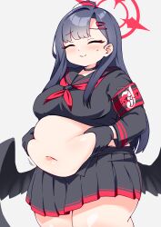 Rule 34 | 1girl, armband, belly grab, black choker, black gloves, black sailor collar, black serafuku, black skirt, black wings, blue archive, blue hair, blush, breasts, choker, closed eyes, closed mouth, commentary request, cowboy shot, crop top, dark blue hair, dot nose, fat, gloves, hair ornament, hairclip, halo, hands on own stomach, highres, ichika (blue archive), large breasts, long hair, long sleeves, low wings, navel, neckerchief, pleated skirt, red armband, red halo, red neckerchief, safety pin, sailor collar, school uniform, serafuku, shiyo hodaka, simple background, skirt, smile, solo, split mouth, sweat, thick thighs, thighs, translation request, white background, wings