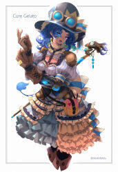 Rule 34 | 1girl, absurdres, alternate costume, alternate hairstyle, aqua hair, artist name, blue dress, blue eyes, blue hair, border, bow, cane, character name, commentary, cure gelato, dededeteiu, dress, earrings, eyelashes, frilled dress, frills, gloves, goggles, goggles on headwear, hair ornament, hat, highres, jewelry, kirakira precure a la mode, long hair, looking at viewer, magical girl, multicolored hair, pantyhose, precure, simple background, solo, standing, steampunk, tail, tategami aoi, twitter username, two-tone hair, white background