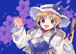 Rule 34 | :d, blonde hair, breasts, brown eyes, collared shirt, commentary request, dress, floral background, food, fruit, hand fan, happy, hat, hat ribbon, holding, holding fan, holding food, holding fruit, itomugi-kun, long hair, long sleeves, looking at viewer, open mouth, peach, puffy sleeves, purple background, purple dress, purple ribbon, ribbon, shirt, single strap, small breasts, smile, sun hat, touhou, upper body, very long hair, watatsuki no toyohime, white hat, white shirt